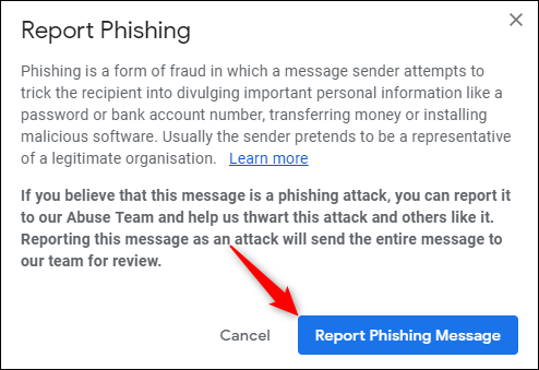 Haga clic en "Denunciar mensaje de phishing".